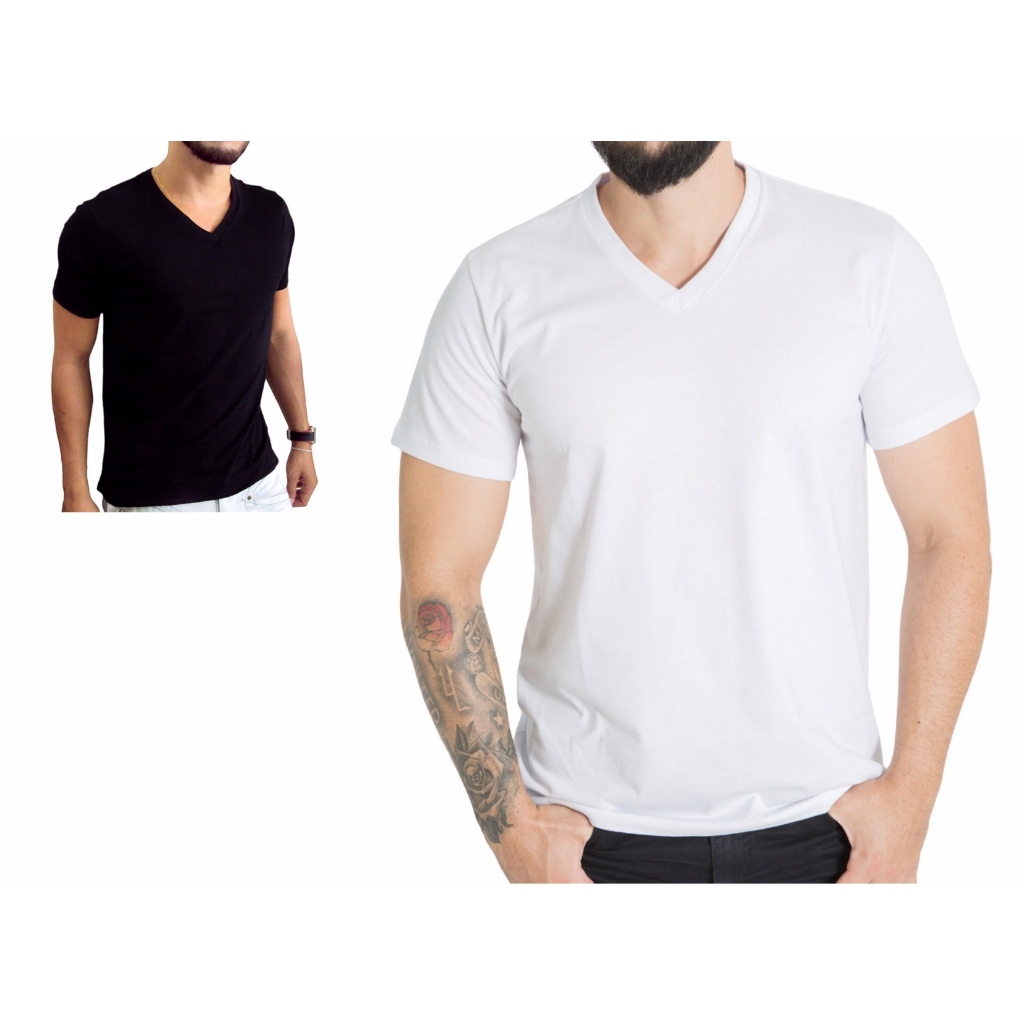 Kit 2 camisas masculinas manga curta gola V em malha 100% algodão em Oferta na Shopee