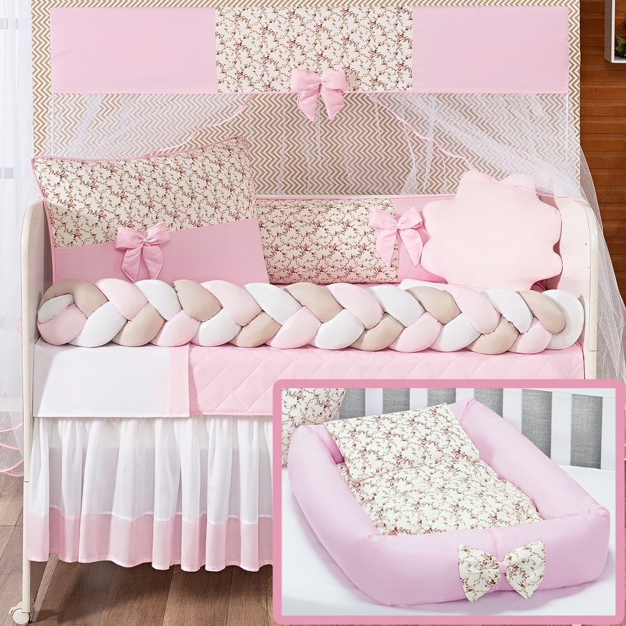 Imagem Kit Berço Enxoval Bebe Menino E Menina Completo Tamanho Americano com Ninho Redutor Macio Colchonete 16 Peças Naninha Nuvem