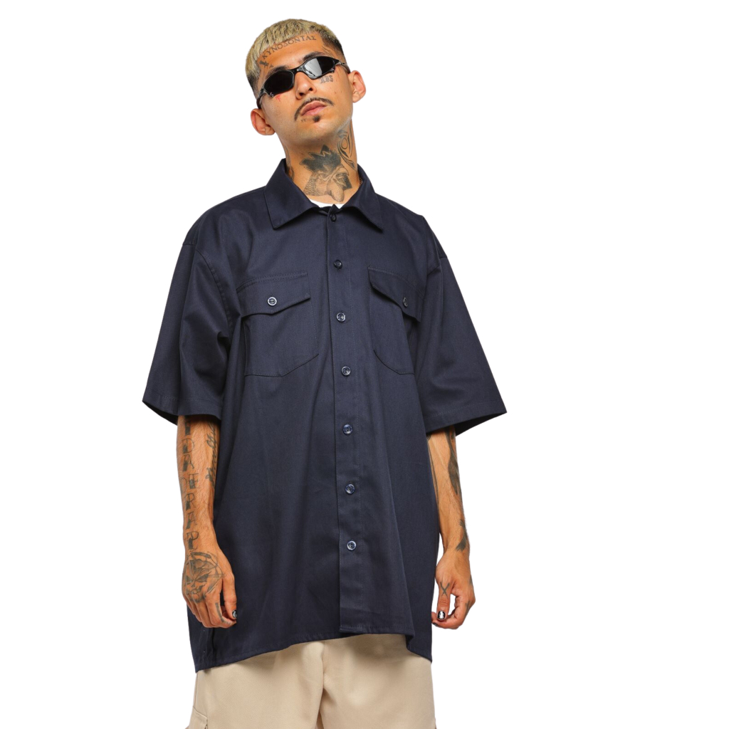 Camisa work shirt masculina azul estilo chicano hiphop americano streetwear