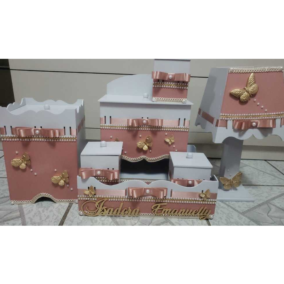 Kit Higiene Mdf 7 Peças - Borboleta  Perola CM100