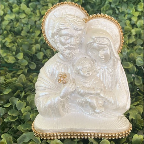 Imagem Sagrada Família 13cm Branca Com Strass Linda E Delicada Lembrancinha