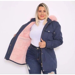 parka feminina plus size toda forrada de pelinhos por dentro tecido sarja com capuz removível