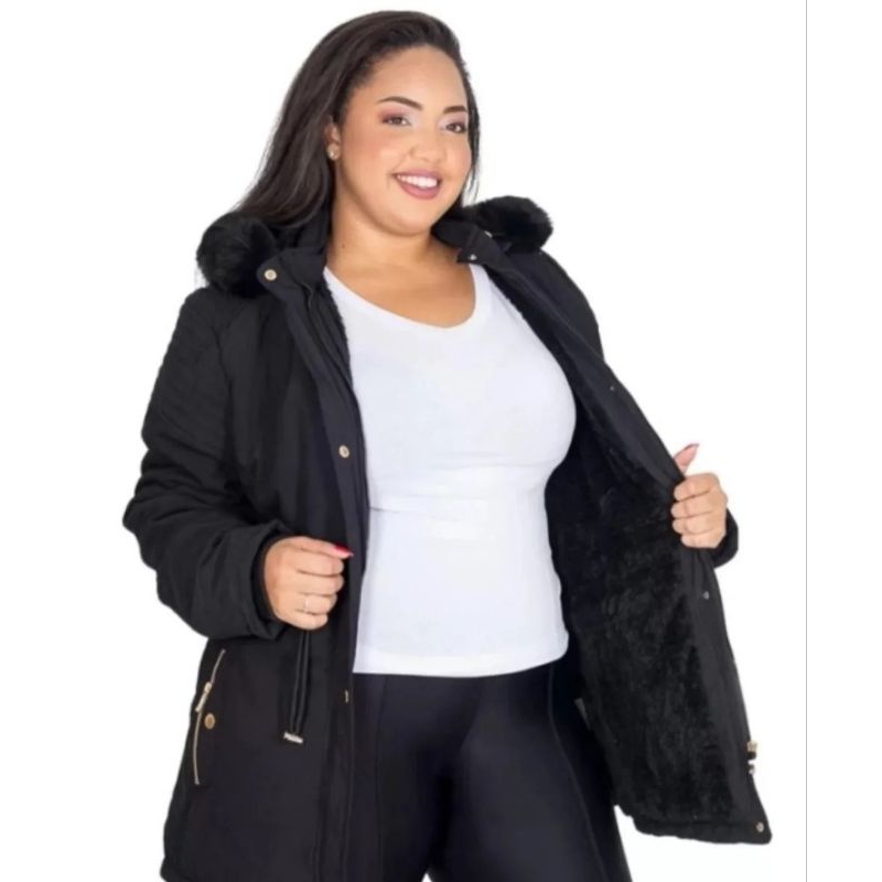 parka feminina plus size toda forrada por dentro em tecido sarja vários cores com capuz removível em Oferta na Shopee