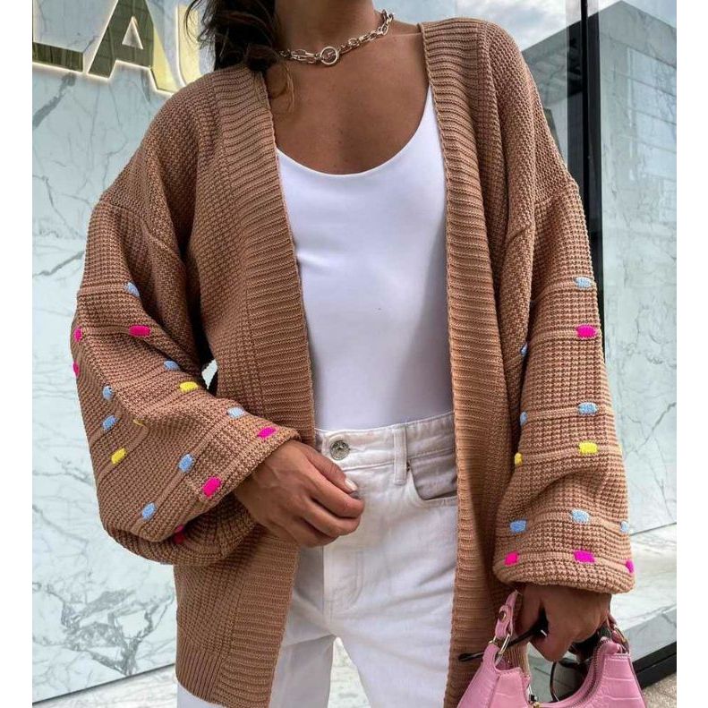 Casaco Feminino Cardigan Tricot Tricô Grosso Longo Com detalhe Manga Colorida