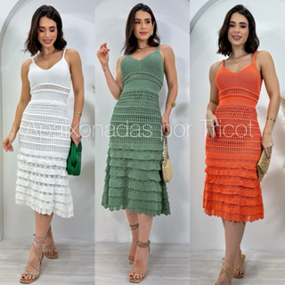 Vestido Babado Midi com forro Tricô Elegante Vestido tricot Vestido Tricô Vestido crochê V...