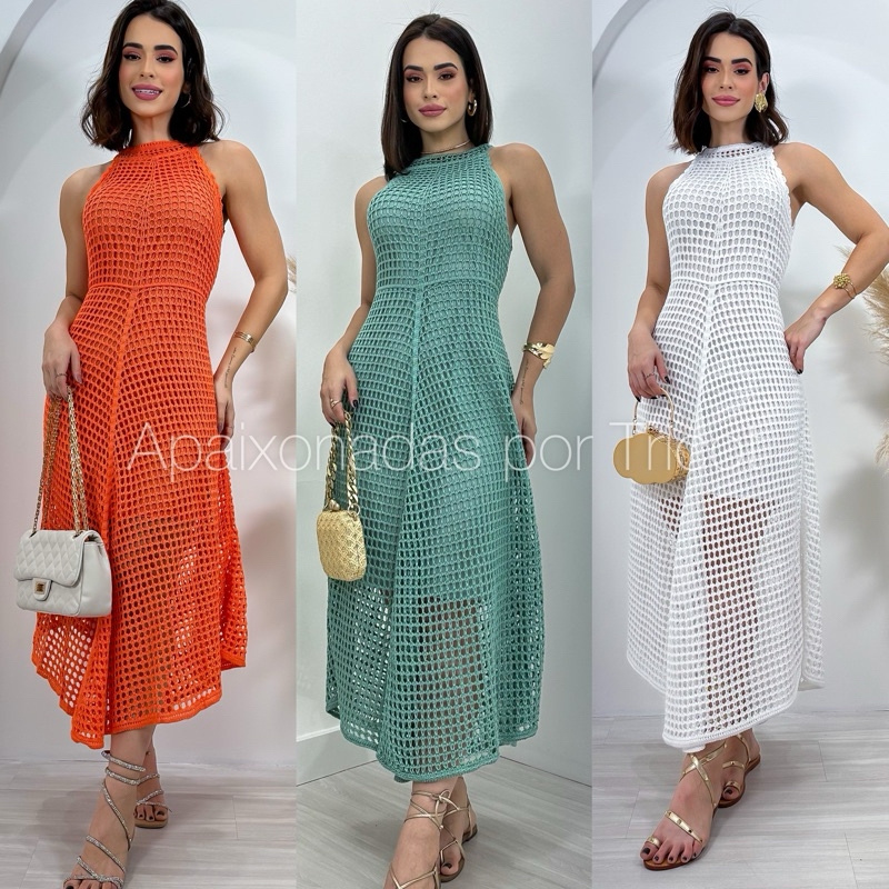 Vestido Longo Tricot Midi Rendado Forrado Vestido Tricô