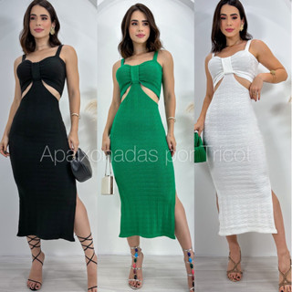 Vestido Tricot Modal Vestido Midi com Fendas Lateral e Recorte na Cintura Vestido Feminina 135