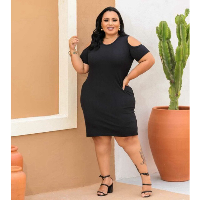 Vestido Feminino Canelado Recorte na Manga Plus Size