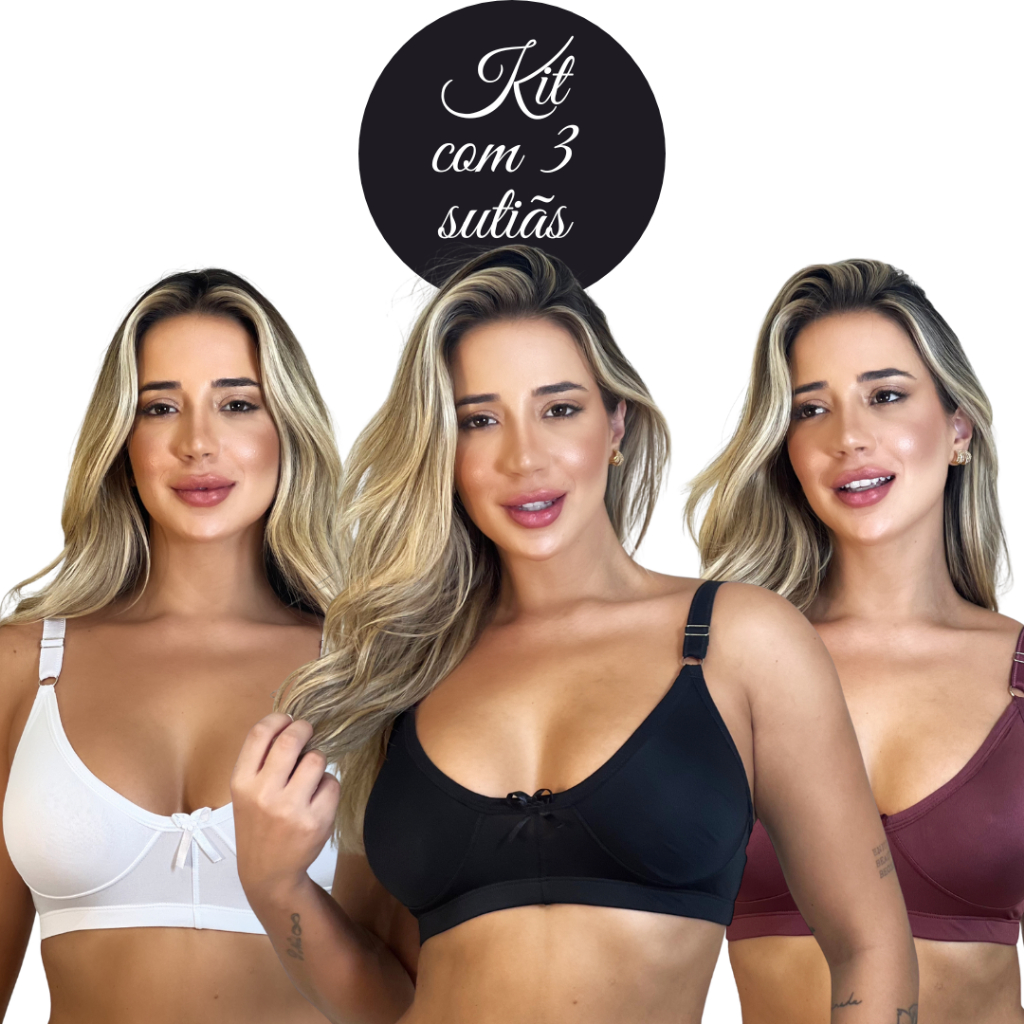 Kit 3 Sutiãs Sustentação Sem Bojo Alça Larga Soutien Reforçado Microfibra Sutian Varejo