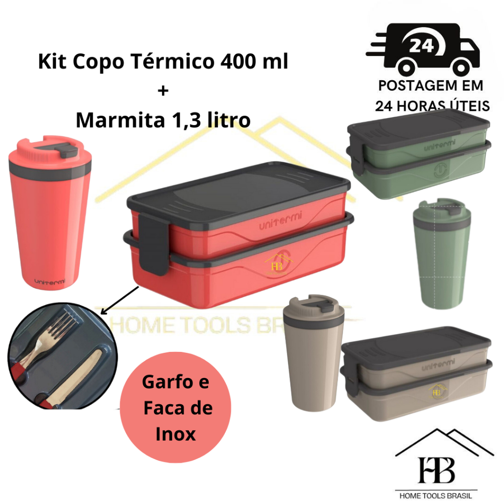 Kit Marmita Divisória Organizador Pote Térmico Fit 1,3 Litros garfo faca inox + Copo Térmico 400 ml