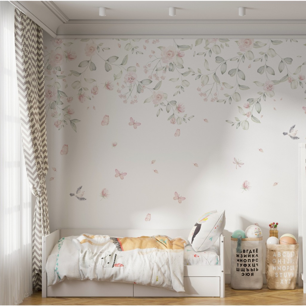 Papel de Parede Infantil Menina Jardim Encantado Borboletas e Pássaros Aquarela Autoadesivo Lavável