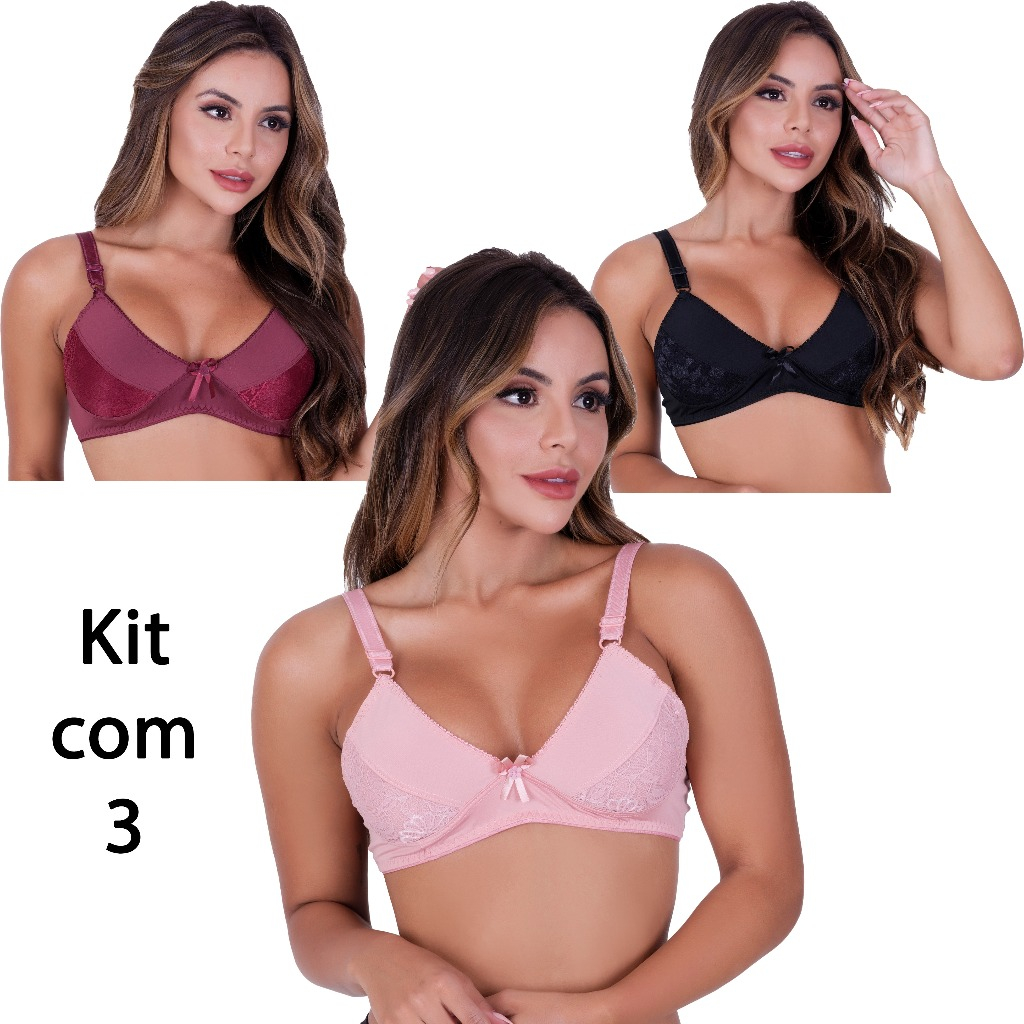 Kit com 3 Sutiã Soutien Sutien Reforçado Básico Lingerie Feminina Dia a Dia sem Bojo Sutiãs