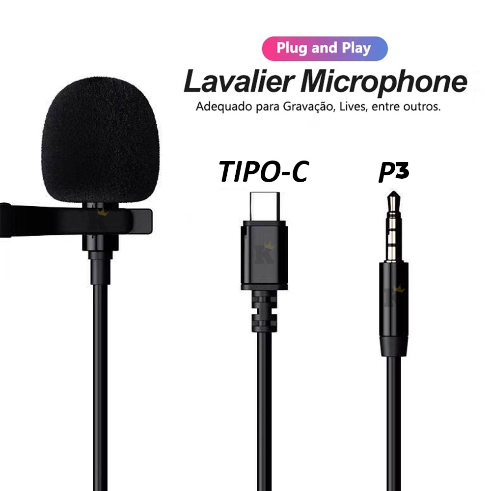 Microfone De Lapela Profissional Lavalier Câmera Computador Youtuber Live Preto P3 e Tipo C
