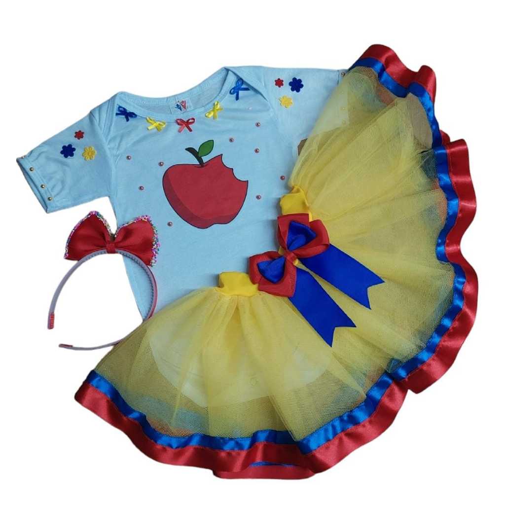 Fantasia Bebê Menina Roupa Festa Aniversário Mesversário Infantil Temático Com Saia Tutu, Body e Tiara Laço