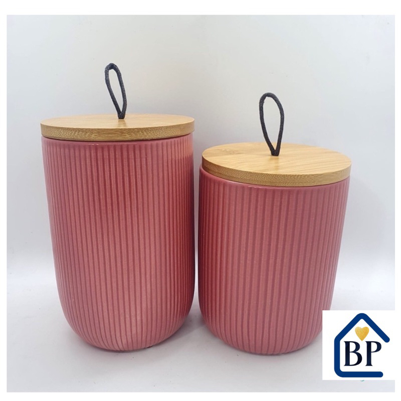 Kit 2 Potes Potiche De Cerâmica Com Tampa de Bambu Decorativo Lyor