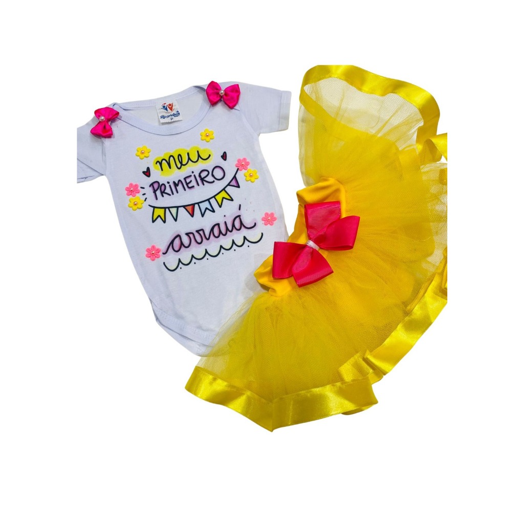 Roupa Bebê Menina Body Meu Primeiro Arraiá Festa Junina Mesversário Infantil Temático Com Saia Tutu