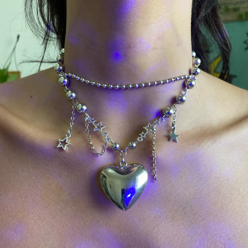 Colar prata Cyberpunk Alternativo Corrente Grande coração Heart Acessórios De Moda Feminina Jóias Aesthetic Starcore Pingente de estrela Gargantilha