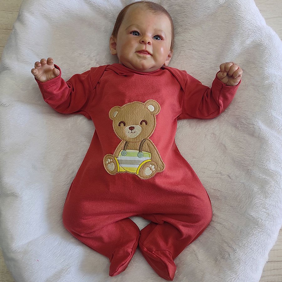 Roupa Macacão Manga Longa Transpasse nos Ombros Bebê Menino Malha com Bordado Fofinho Tamanho RN/P/M