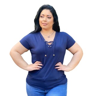 Blusa Feminina Decote V com Cordinhas (Ilhós) Básica Lisa Plus Size Manga Curta Primavera e Verão Viscolycra Moda - Roupas Femininas