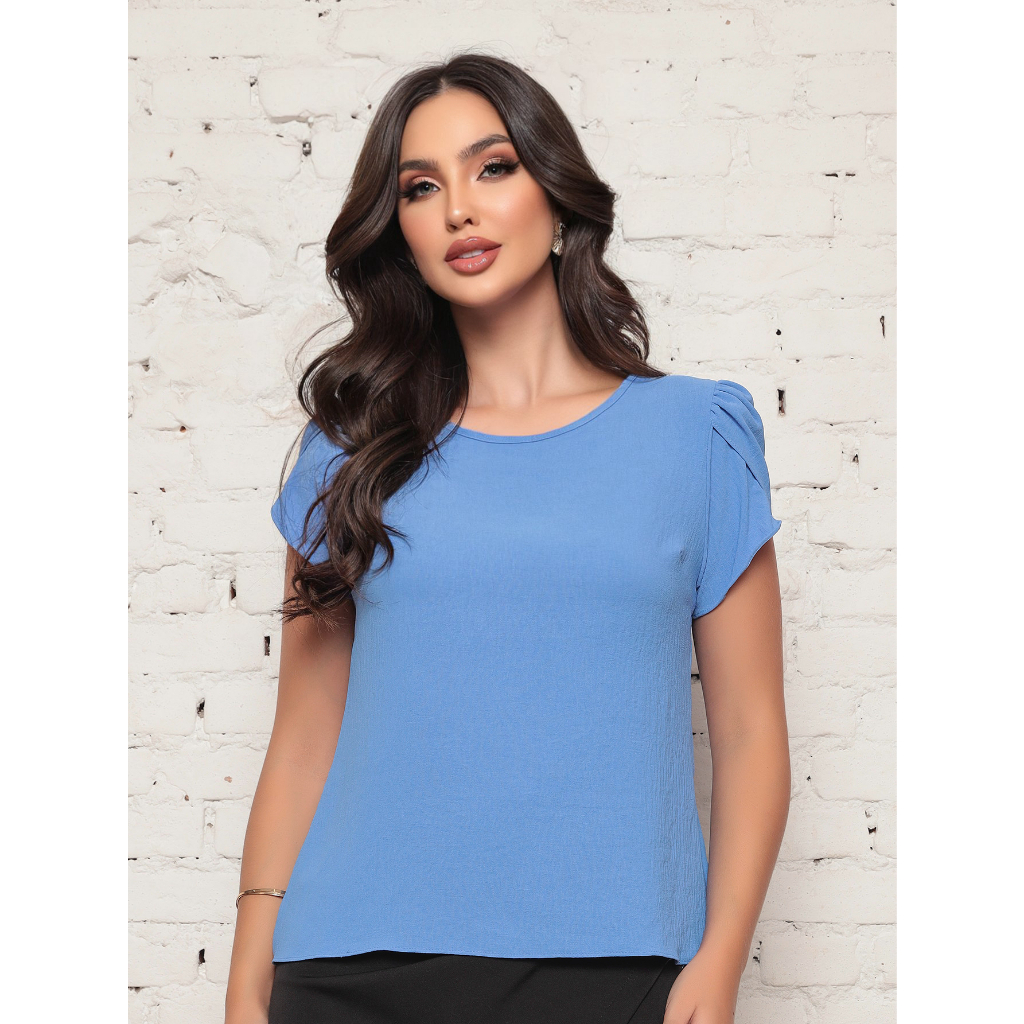 Blusa Feminina Lisa manga curta corte Barbado 2024 em Oferta na Shopee