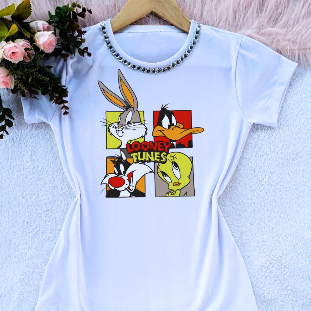 Camiseta camisa blua t shirt feminina desenho animado looney tunes com e sem pedrarias moda Femina