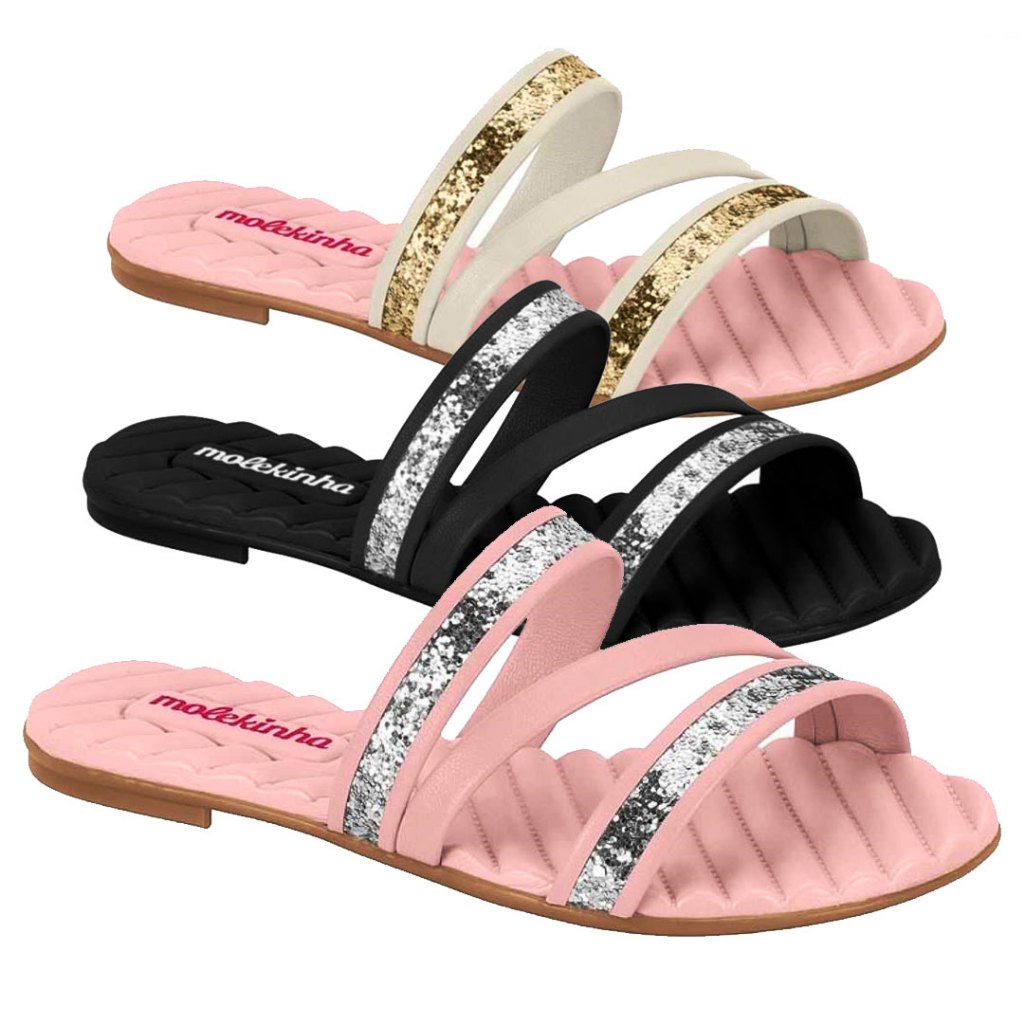 Sandália Molekinha Rasteirinha Tiras Gliter Menina 2353105 - Baby & Kids Fashion