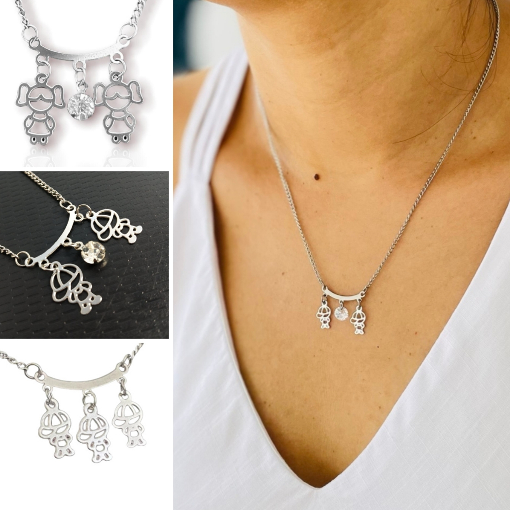 Colar Feminino Dois Filhos Meninos Em Aço Inoxidável Não Escurece Não Perde o Brilho em Oferta na Shopee