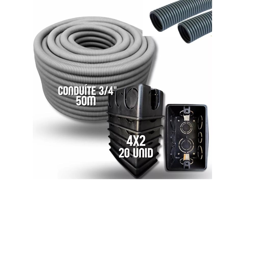 Kit conduite corrugado reforçado cinza + 20 Caixinhas 4x2 Preta Mec Tronic