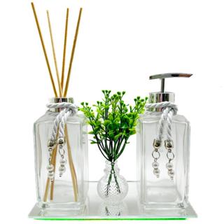 Kit Frascos de Vidro Para Lavabo Luxo Cristal Difusor de Ambiente, Saboneteira, Bandeja, Vaso Com Folhagem e Varetas em Oferta na Shopee