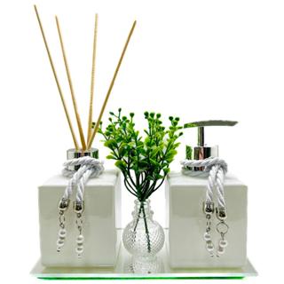 Kit Frascos de Vidro Luxo Lavabo Cubo White - Aromatizador de Ambiente/Saboneteira/Varetas/Bandeja em Oferta na Shopee