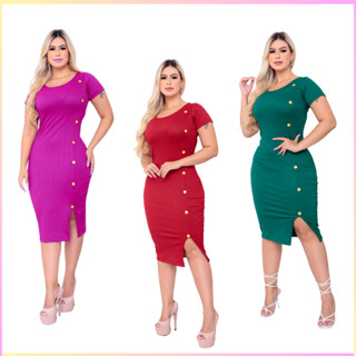 Vestido com Botão, Fenda, Casual, Estiloso, Executiva botaõ, justo, festa, casamento, culto, igreja- TAMIRES BOTÃO