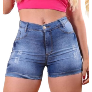 Short Jeans Feminino com Laycra Laicra Escuro Claro Navalhado Cintura Alta Cós Alto roupa