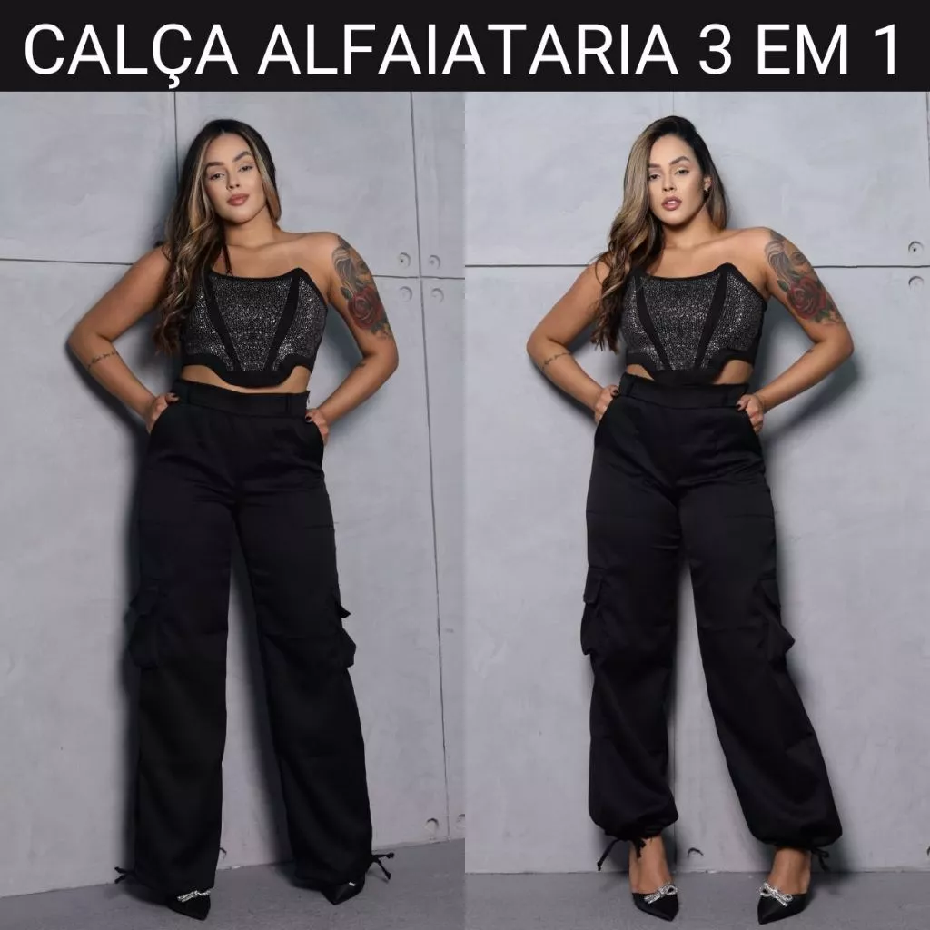 Calça Feminina 4 Bolsos Pantalona Calça Jogger Cargo Tecido Alfaiataria Linha Premium Abertura na Cintura Ziper — imagem 1