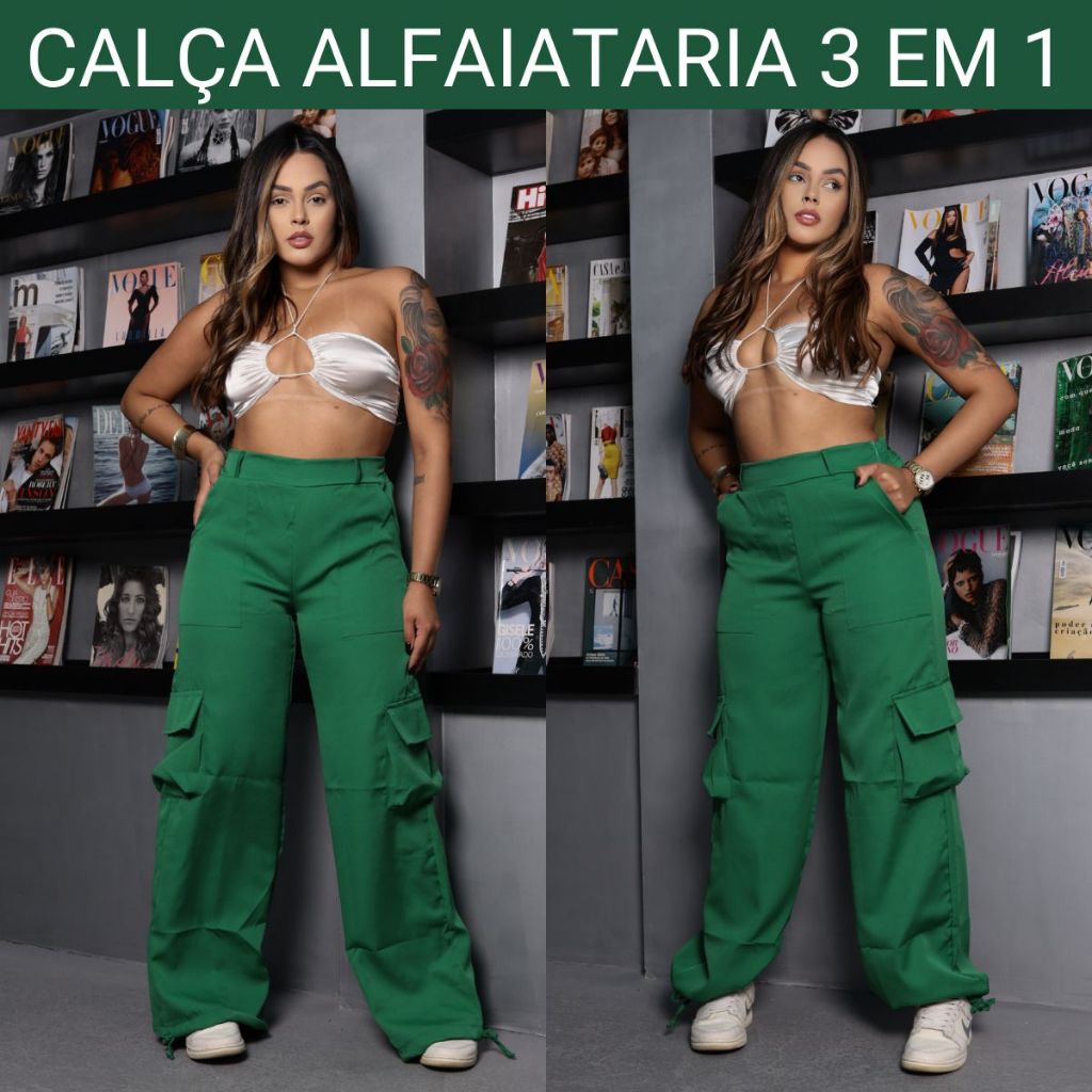 Calça Jogger Feminina Pantalona 4 Bolsos Calça Cargo Tecido Alfaiataria Linha Premium Aber...