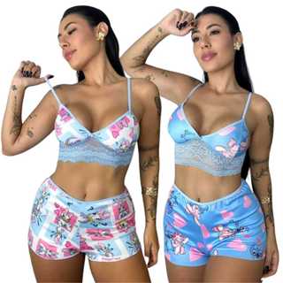 2 Short Doll Curto Pijama de Dormir Estampado Feminino Personagem Sem Bojo com Alça 603 em Oferta na Shopee