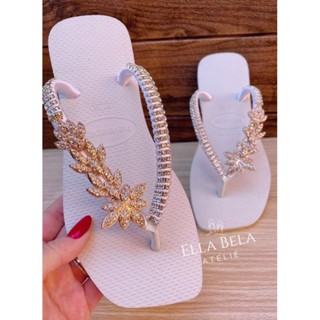 Chinelo Personalizado Feminino Havaianas Personalizada Gliter Dourada Folhagem