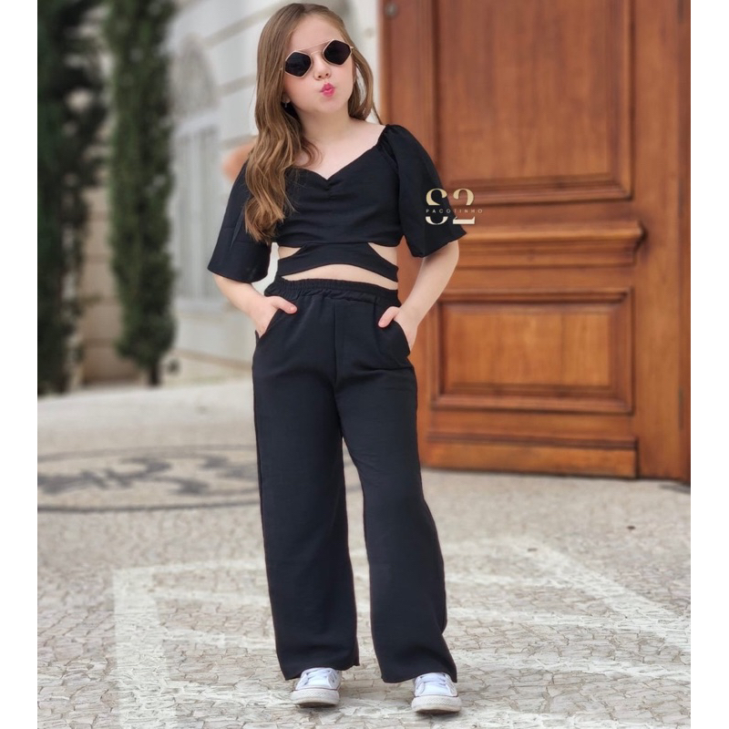 Conjunto duna moda infantil calça e cropped moda feminina infantil para meninas blogueirinha 2025 roupa de criança