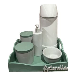 Kit Higiene Bebe Porcelana Bandeja Pinus Coração Verde Garrafa Pump Nome Personalizado em Oferta na Shopee