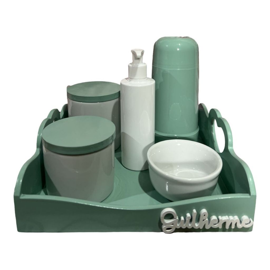 Kit Higiene Bebe Porcelana Bandeja Pinus Coração Verde Nome Personalizado