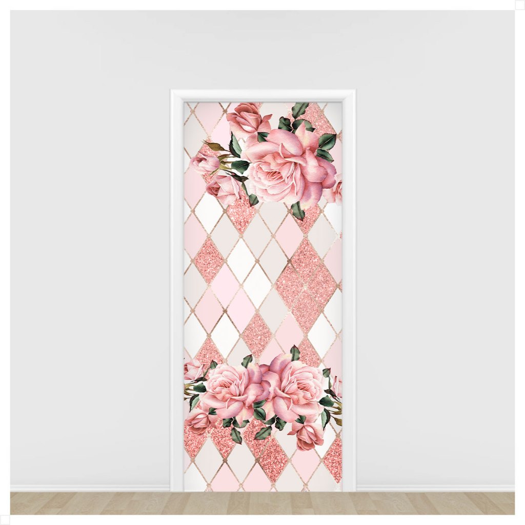 Capa Decorativa de Porta Floral Geométrico Rose Em Tecido Sublimado 0,85x2,10m - ANV-2951 em Oferta na Shopee