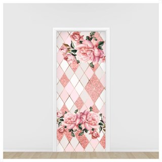 Capa Decorativa de Porta Floral Geométrico Rose Em Tecido Sublimado 0,85x2,10m - ANV-2951 em Oferta na Shopee