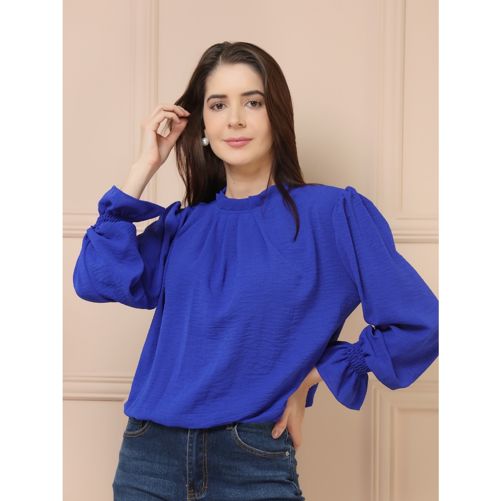 BLUSA FEMININA LISA MANGA LONGA CREPE DUNA GOLA ALTA E LAÇO ATRÁS