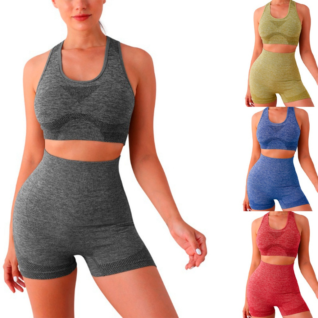 Conjunto Academia Top e Shorts Levanta Bumbum Cintura Alta Sem Costura Top com Bojo Fitness zero transparente Feminino Academia