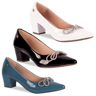 Sapato Feminino Scarpin Bico Fino Clássico Laço Strass Confortável Verniz Preto Azul Safira Branco Bege Laranja Deserto e Vermelho