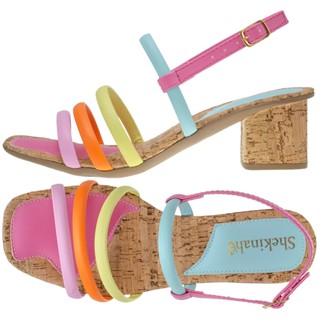 Sandália Feminina Tamanco Salto Baixo Quadrado Confortavel Cortiça Multicolorida Shekinah Colorida Tendencia Blogueira Neon Fresh Moda Verão