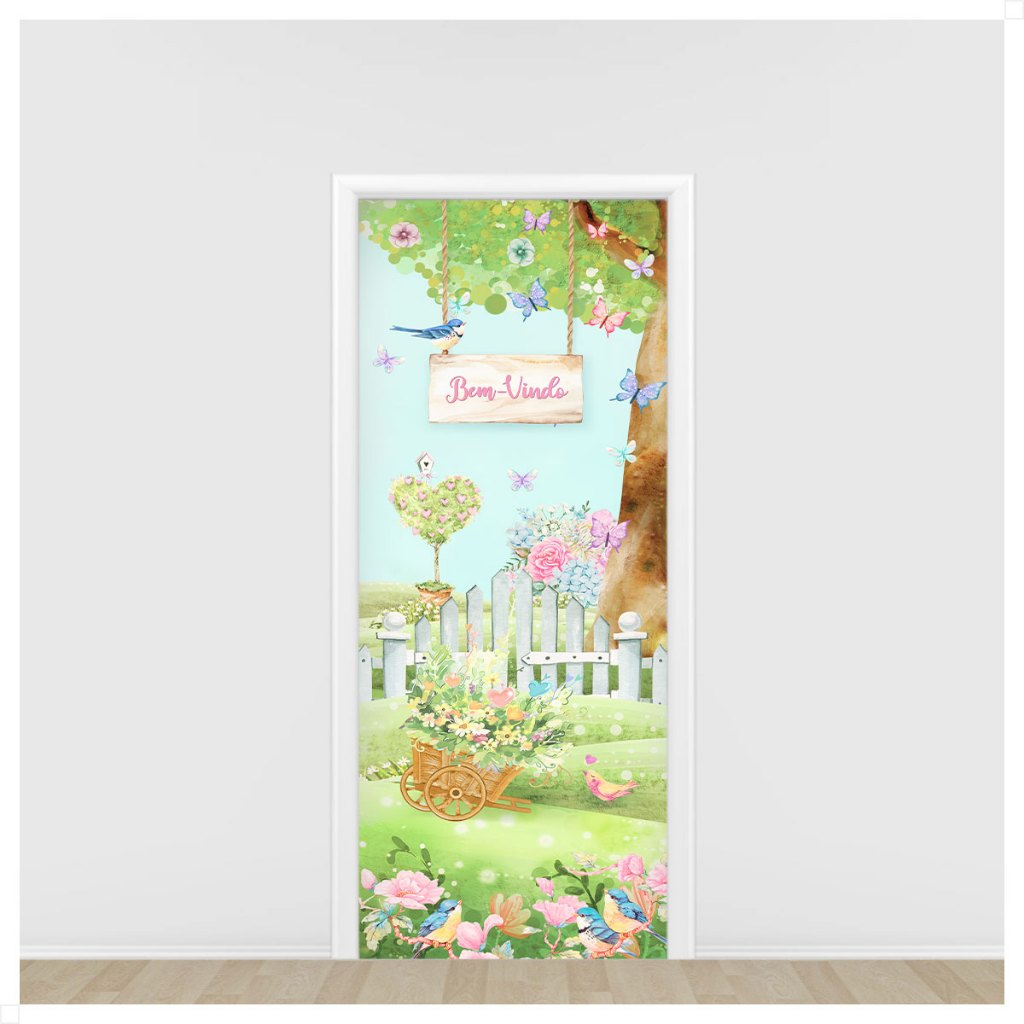 Capa de Porta Quarto Infantil Jardim Encantado Bem-Vindo Em Tecido Sublimado 0,85x2,10m - ANV-2961 em Oferta na Shopee