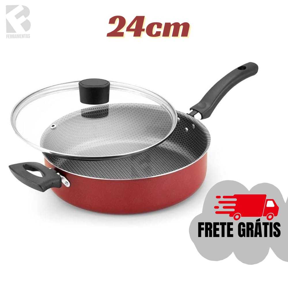 Frigideira 24cm Antiaderente Não Gruda Reta com Tampa de Vidro Alta Funda Enjoy Reta 20cm