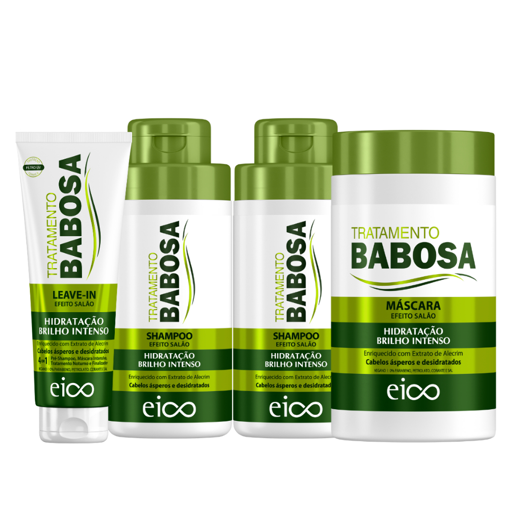 Eico Babosa Aloe Vera Shampoo e Condicionador 450ml + Máscara Hidratação Brilho 1kg + Creme Leave-in Termoativado 200ml