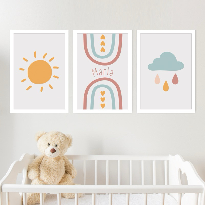 Kit 3 Quadros Decorativos Infantil Personalizado Nome Bebê Para Quarto Ou Porta Maternidade Sol Nuvem