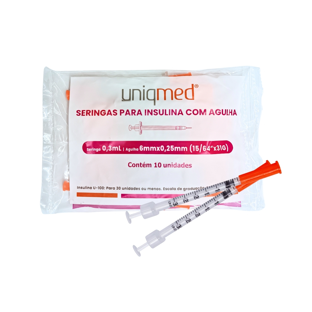 Seringa para insulina 0,3mL c/ agulha 6 x 0,25mm pct c/ 10 - Uniqmed